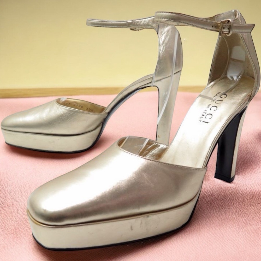 Authentic Gucci Gold Platform Heels – Ankle Strap Pumps (Size 36C, With Box)